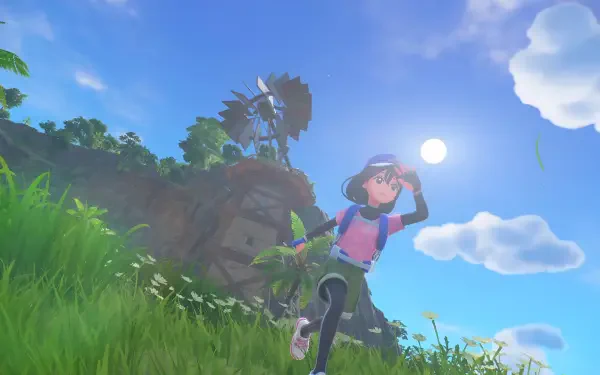 4K Ultra HD PC desktop wallpaper: Pokémon Winds and Waves (Nintendo Switch 2) screenshot of a cyclist trainer shading their eyes on a grassy hillside with a windmill, sunlit blue sky and clouds.
