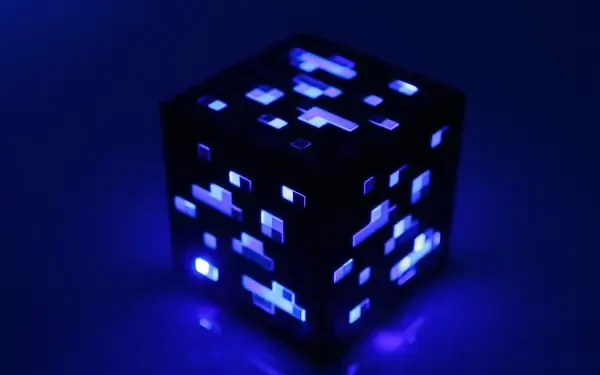 Blue-glowing Minecraft ore block casting neon light on a dark backdrop — 4K Ultra HD PC desktop video game wallpaper.