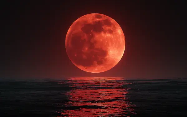 2K Quad HD PC desktop wallpaper: a blood-red full moon over a dark sea, its red reflection rippling across the water in a dramatic coastal landscape.