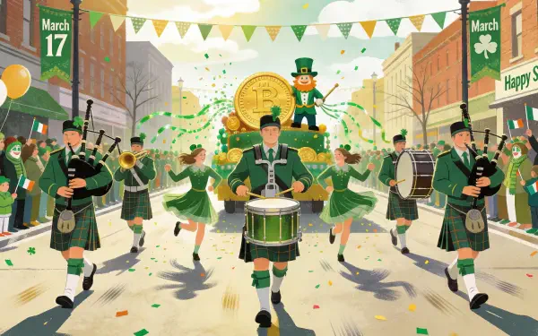 4K Ultra HD PC desktop wallpaper and background showing a lively St. Patrick's Day parade: drummers, bagpipers and dancers in green march down a bunting-lined street with banners and shamrocks.