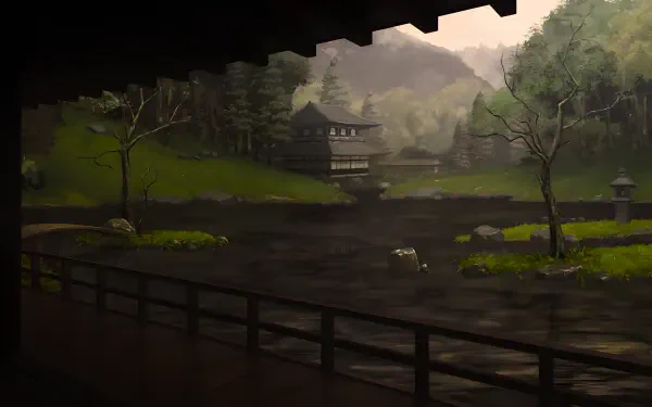 4K Ultra HD PC desktop wallpaper background: feudal Japanese porch overlooking a misty forest lake with a distant wooden estate.