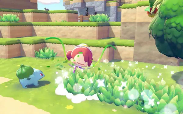 HD PC desktop wallpaper and background: Pokemon Pokopia scene — chibi trainer peeking from tall grass as Bulbasaur watches, bright blocky hills and trees under a sunny sky.