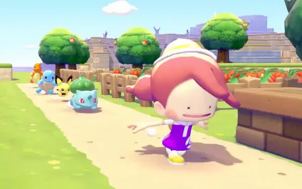 HD PC desktop wallpaper and background: Pokemon Pokopia scene — chibi girl running down a sunny path with Bulbasaur, Squirtle and Pichu trailing past trees and a brick garden.