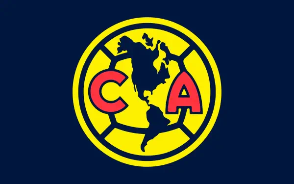 8K Ultra HD PC desktop wallpaper: Club América logo (Liga MX) — yellow circular crest with red 'C' and 'A' over a stylized map of the Americas on dark blue background.
