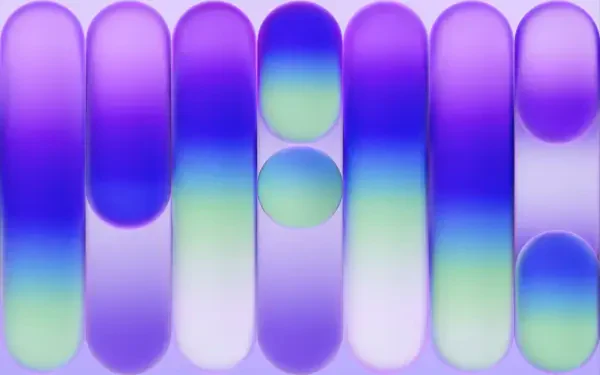 Abstract purple MacBook Neo 5K Ultra HD PC desktop wallpaper: rounded vertical gradient bars in purple, blue and mint with circular cutouts and a glossy, MacBook-inspired sheen.