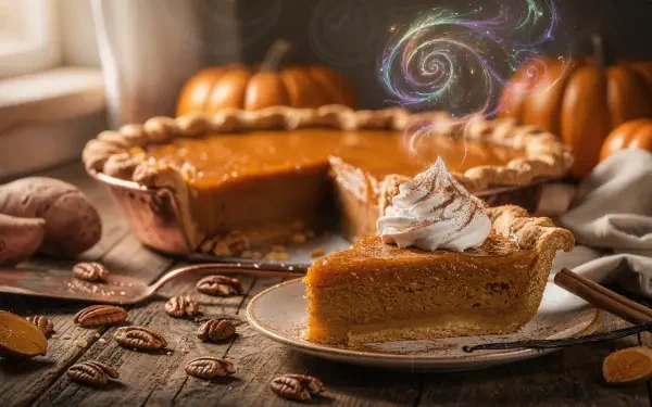 4K Ultra HD PC Desktop Wallpaper and Background — warm close-up of a sweet potato pie slice with whipped cream, whole pie, pecans and pumpkins on a rustic autumn table.