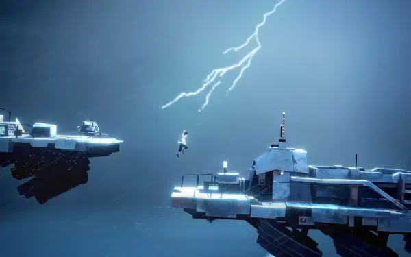 HD PC desktop wallpaper from the video game Planet of Lana II: a lone figure jumps between floating sci‑fi platforms as lightning forks across a moody blue sky.