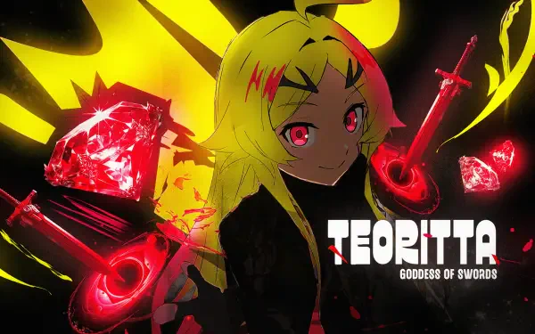 Teoritta: stylized anime girl with yellow hair and glowing red eyes, surrounded by red swords and crystals on a black-and-yellow backdrop — HD PC desktop wallpaper background
