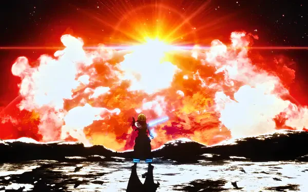 Arthur Boyle (Fire Force) makes a Last Stand on a cratered moon, sword ablaze against an exploding sky — 4K Ultra HD anime desktop wallpaper.