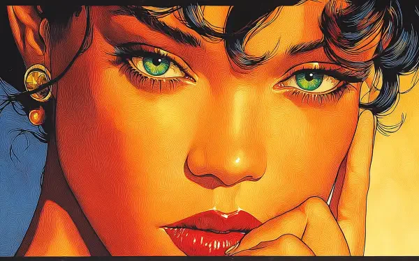 Artistic 2K Quad HD PC desktop wallpaper: stylized celebrity portrait with striking green eyes, glossy red lips and warm, sunlit golden skin tones.
