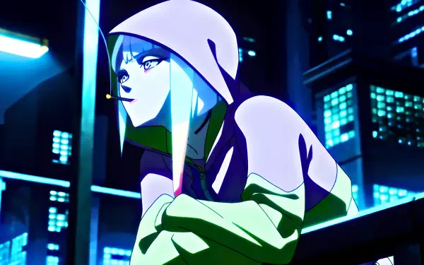4K PC wallpaper: Lucy from Cyberpunk: Edgerunners — hooded anime girl in a sweater, smoking on a neon-lit rooftop against a futuristic cityscape.