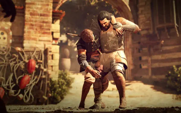GreedFall: The Dying World video game HD PC desktop wallpaper/background showing two armored combatants grappling in a sunlit, rustic colonial-style village street.