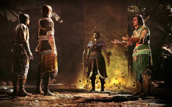 HD PC desktop wallpaper from the video game GreedFall: The Dying World — four cloaked figures in a ritual chamber lit by a green portal and drifting embers.