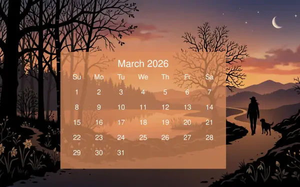 March 2026 calendar overlaid on 5K Ultra HD PC desktop wallpaper and background: silhouetted couple by a riverside at dusk, crescent moon, bare trees and distant mountains.