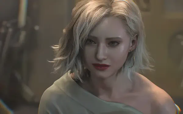 Grace Ashcroft from Resident Evil Requiem (Capcom) — 4K Ultra HD PC desktop wallpaper: close-up of a pale-haired woman with red lips and a haunted expression in moody horror lighting.