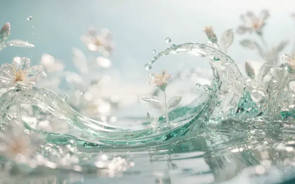 Ethereal glassy aqua wave with crystalline droplets and tiny white blossoms against a soft bokeh background — 4K Ultra HD PC Desktop Wallpaper and Background.