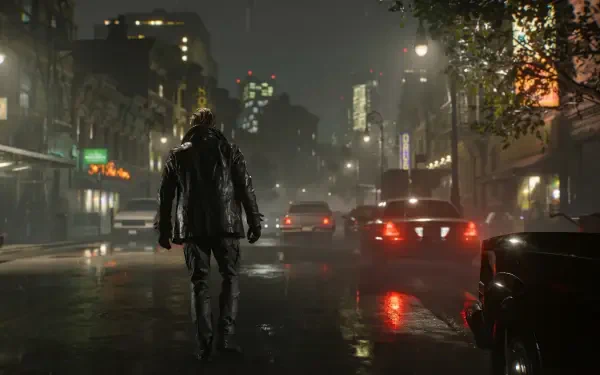 Resident Evil Requiem (Capcom) 2K Quad HD PC desktop wallpaper: Leon S. Kennedy walks a rain-slick neon city street at night, cinematic horror video game scene.
