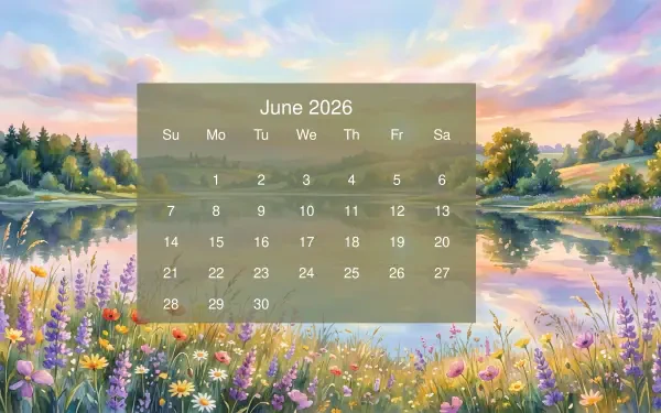 June 2026 calendar overlaid on a 5K Ultra HD PC desktop wallpaper: pastel lakeside landscape with wildflowers, trees and reflective water at sunrise.