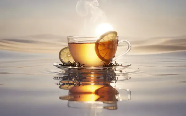 4K Ultra HD PC desktop wallpaper background: steaming cup of Earl Grey tea with a lemon slice, gently reflected on calm water under soft sunrise light.