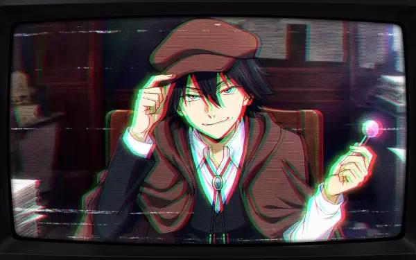 Ranpo Edogawa in a detective cap and cloak, smirking while holding a lollipop amid retro CRT-glitch effects — 5K Ultra HD PC Desktop Wallpaper and Background.