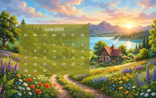 June 2026 calendar on a 5K Ultra HD PC desktop wallpaper and background: sunrise over a lake and mountains, a cottage beside a colorful wildflower meadow with a winding path.