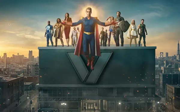 4K Ultra HD PC wallpaper: Homelander from TV show The Boys (2019) stands arms out on a rooftop ledge with the Seven behind him, city skyline at dawn.