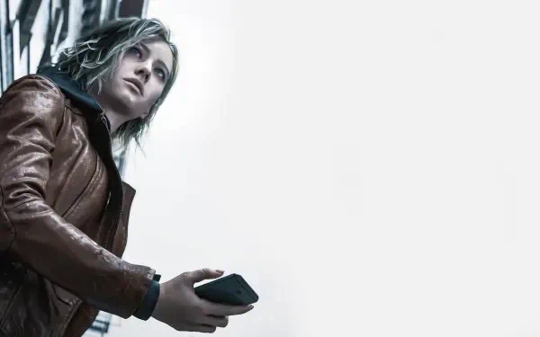 Grace Ashcroft from Resident Evil Requiem, in a leather jacket holding a device against a white 2K Quad HD PC desktop wallpaper background.