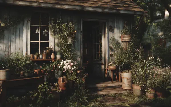 Cottagecore rustic garden with potted blooms, climbing vines and a weathered wooden cottage door, cozy backyard vibe — aesthetic nature 2K Quad HD PC desktop wallpaper.