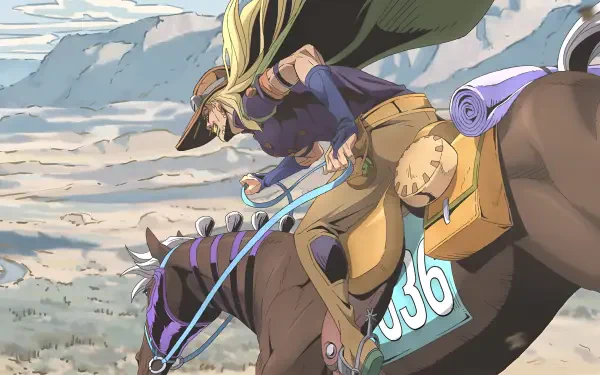 4K Ultra HD PC desktop wallpaper of Gyro Zeppeli from Steel Ball Run racing on horseback across a desert plain, cape flying and spinning his steel ball.