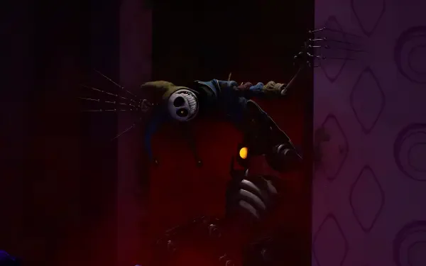 Poppy Playtime horror game wallpaper: sinister toy puppet with needle-like spines and one glowing eye peering from a dark doorway — 4K Ultra HD PC desktop background