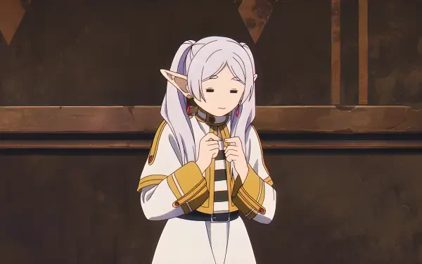 Frieren (Frieren: Beyond Journey's End): white‑haired elf anime girl with a sheepish smile against a dim fantasy interior — 4K Ultra HD PC desktop wallpaper.