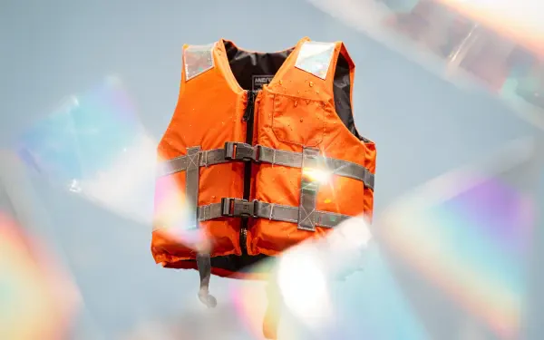 4K Ultra HD PC desktop wallpaper showing an orange life jacket suspended against a soft, prism-lit background.