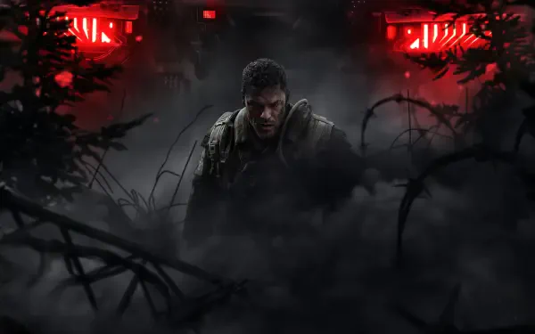 War Machine (2026) armored soldier emerging from smoke and twisted debris beneath red lights — 4K Ultra HD PC desktop wallpaper/background.