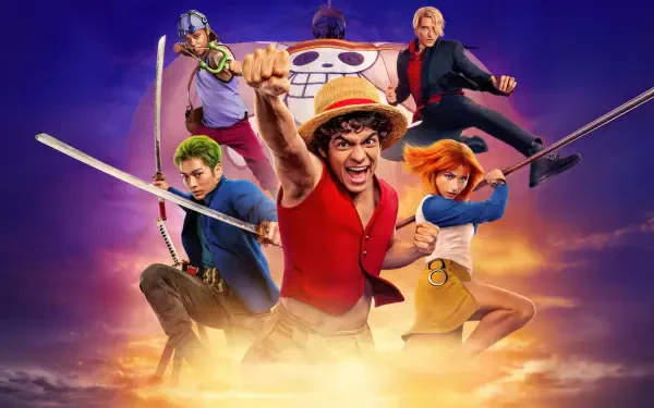 One Piece (Live Action) 4K Ultra HD PC desktop wallpaper: Luffy lunges forward, fist raised, with Zoro, Nami, Sanji and Usopp behind him against a glowing purple-orange sky.