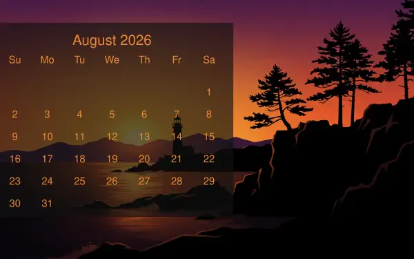 August 2026 calendar overlay on 5K Ultra HD PC desktop wallpaper: silhouetted pines and rocky cliffs at sunset, calm water reflecting the warm sky.