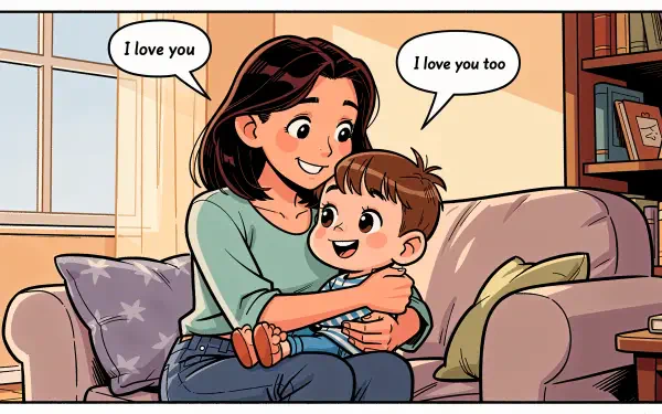4K Ultra HD PC desktop wallpaper: cartoon mother hugs her smiling young child on a couch, both saying I love you in speech bubbles.