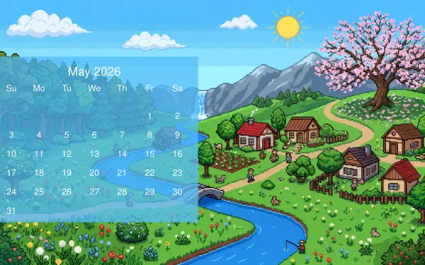 May 2026 calendar overlaid on 5K Ultra HD PC desktop wallpaper and background: cartoon countryside with river, cottages, mountains, sun and a blooming tree.