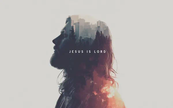 Double-exposure 2K Quad HD PC wallpaper: silhouetted side profile filled with city and sky, centered text JESUS IS LORD — religious desktop background.