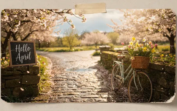 4K Ultra HD PC desktop wallpaper: sunlit cobblestone path through a blossoming orchard, vintage bicycle with tulip basket and Hello April sign.