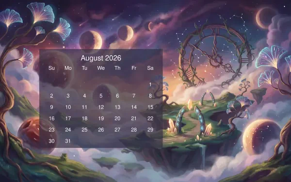 Whimsical celestial landscape with floating islands, planets and a clockwork tree, overlaid by an August 2026 calendar; 5K Ultra HD PC desktop wallpaper and background.