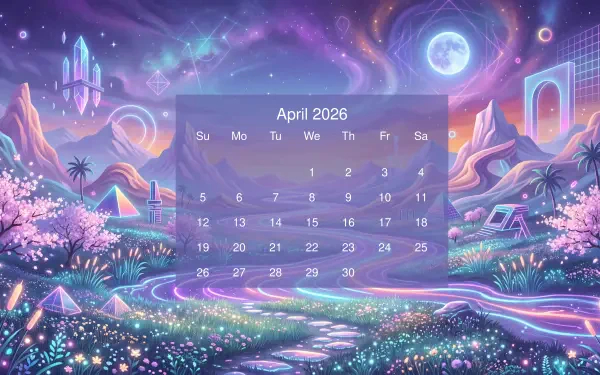 Dreamy neon pastel landscape with floating moon, crystal spires and glowing river; centered translucent April 2026 calendar — 5K Ultra HD PC desktop wallpaper/background.
