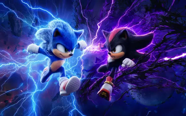 2K Quad HD PC desktop wallpaper of Sonic the Hedgehog and Shadow the Hedgehog locked in a mid-air clash amid blue and purple lightning from the Sonic the Hedgehog 4 movie.