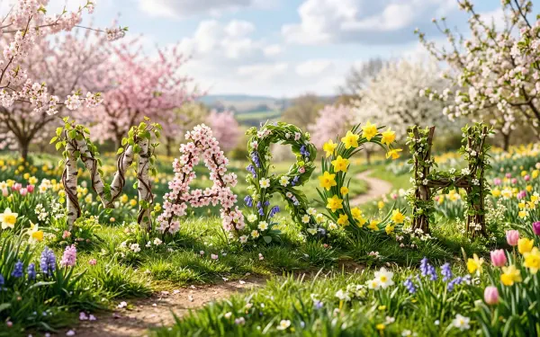5K Ultra HD PC desktop wallpaper background: spring garden with blossom-covered letters spelling MARCH amid daffodils, tulips and cherry trees under a bright, cloud-dappled sky.