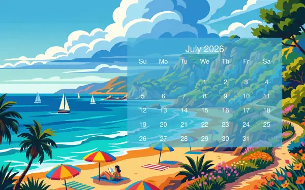 July 2026 calendar overlay on colorful 5K Ultra HD PC desktop wallpaper and background: vibrant beach scene with umbrellas, palm trees, sailboats and blue ocean.