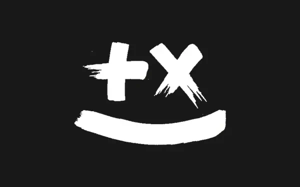 HD PC desktop wallpaper: minimalist black background with a white brushstroke logo resembling a face—plus and X eyes above a curved smile.
