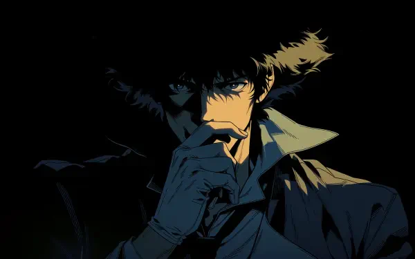 Dark anime 2K Quad HD PC desktop wallpaper of Cowboy Bebop's Spike Spiegel: shadowed profile with cigarette, furrowed gaze and upturned collar against a black background.