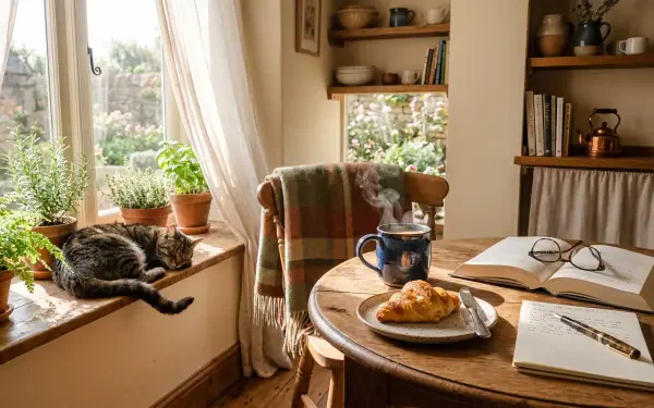 Cozy morning: sunlit kitchen nook with a cat on the windowsill, potted plants, steaming tea and croissant on a wooden table with an open book and glasses — 5K Ultra HD PC desktop wallpaper.