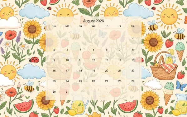 August 2026 calendar over a cheerful summer pattern of sunflowers, smiling suns, clouds, bees, watermelon slices and a picnic basket — 5K Ultra HD PC desktop wallpaper/background.