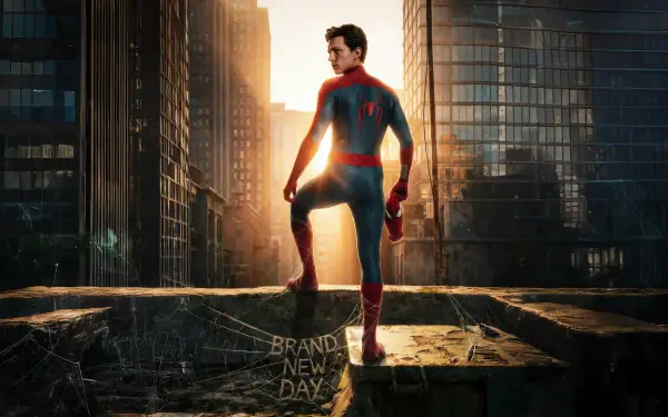 Spider-Man: Brand New Day — Spider-Man stands on a rooftop edge, overlooking a sunlit city skyline at dawn; 4K Ultra HD PC desktop wallpaper and background.