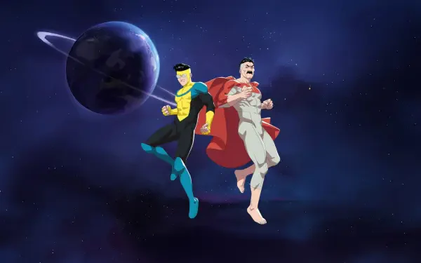 Invincible — 4K Ultra HD PC Desktop Wallpaper and Background: two animated superheroes, one in black and yellow and one in white with a red cape, floating in deep space near a ringed planet.